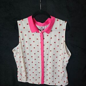 Worthington 2XL White Pink Geometric Print Button Down Sleeveless Top Blouse